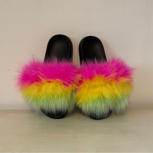 Womens Faux Fur Fluffy Flat Comfy Slippers Sandal  Flip Flop LadIes Fur Shoes